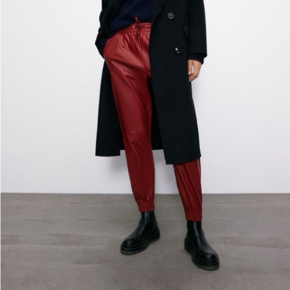 Zara Red Leather Jogger Pants